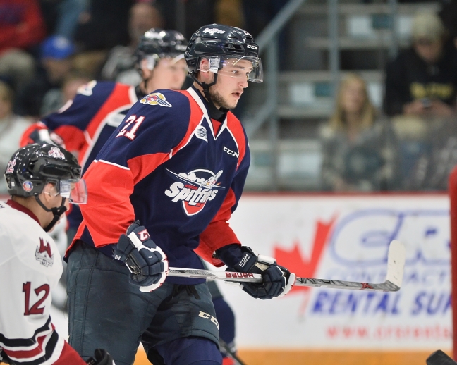 Logan Brown of the Windsor Spitfires. Photo by Terry Wilson / OHL Images.